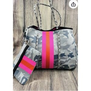 Haute Shore Green Camo Pink Stripe Neoprene Expandable Tote Bag With Wallet